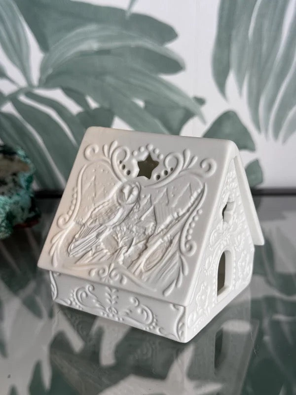 🦉 Clayre & Eef porseleinen waxinelichthouder – huisje met uil