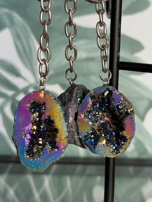 Kwarts geode sleutelhanger (titanium coated)