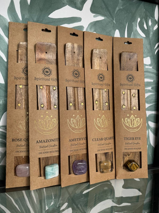 Houten wierook houder met edelsteen rozenkwarts