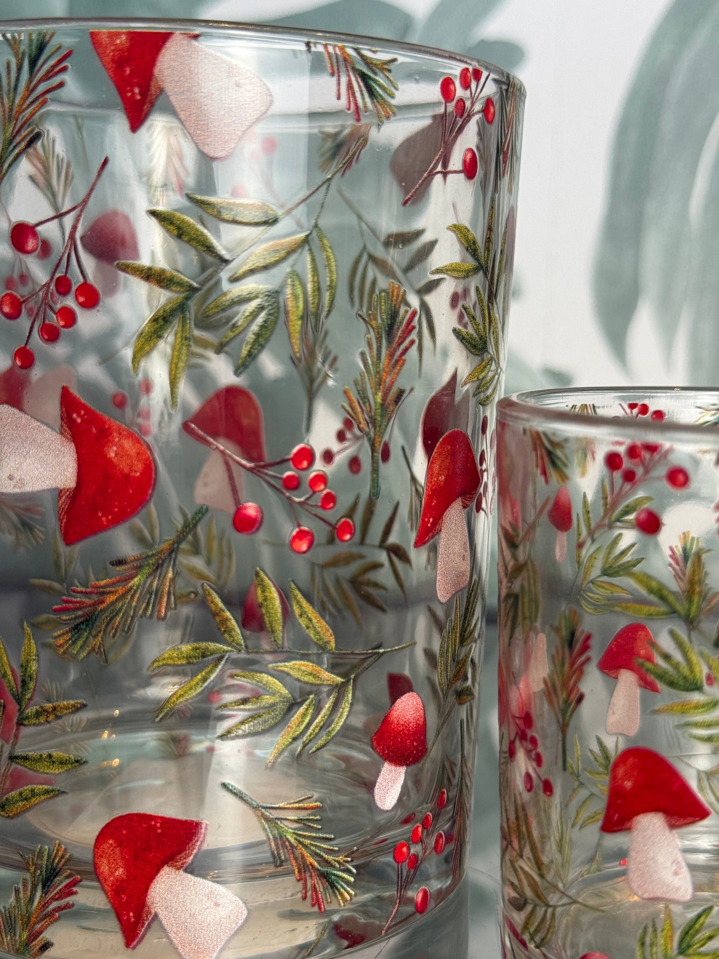 Clayre & Eef glazen waxinelichthouders – rood met paddenstoelen
