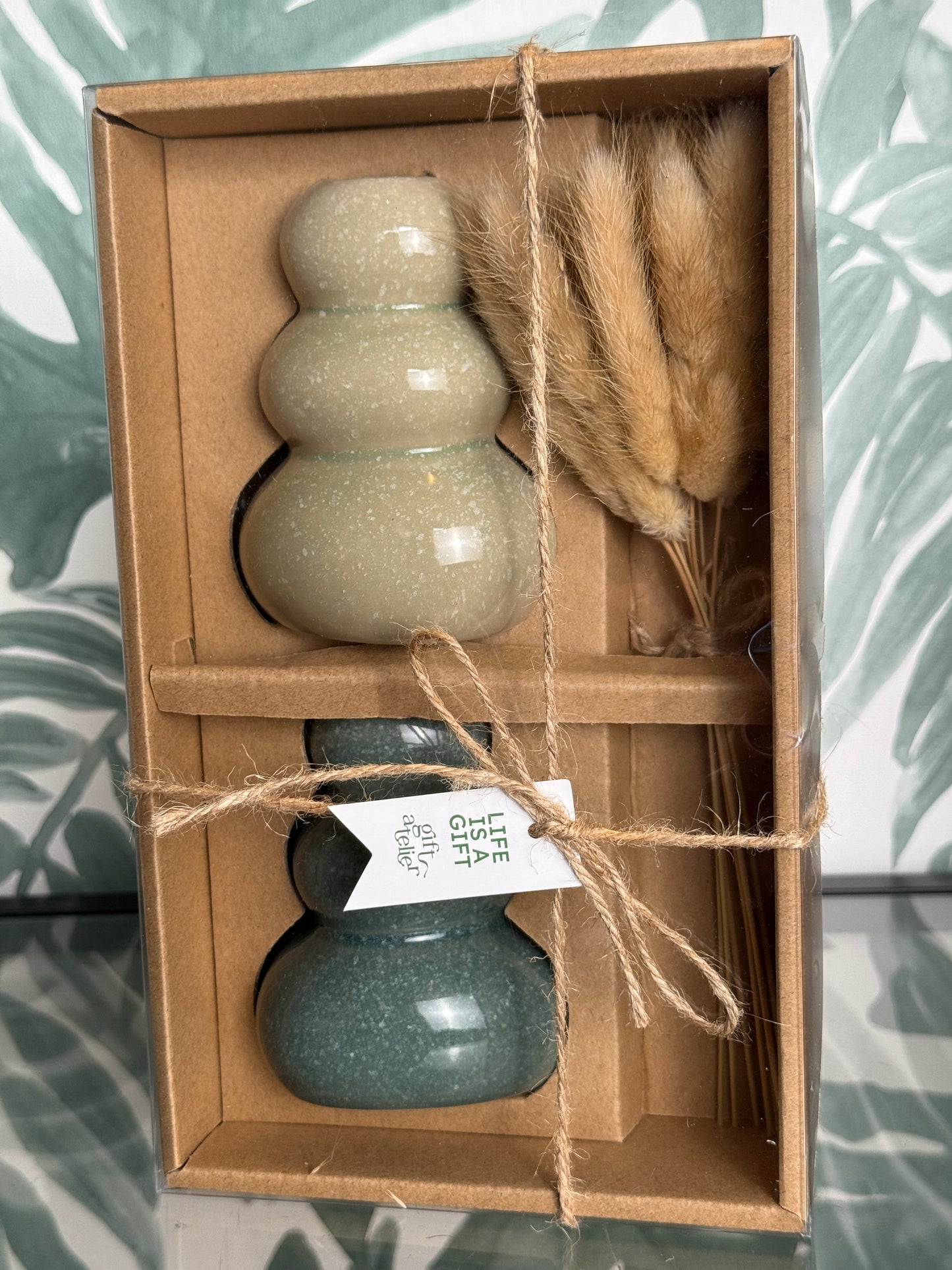 Vaasjes cadeau set – groen met droogbloemen