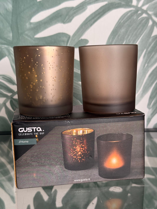 Gusta waxinelichthouders set van 2 – bruin & goud