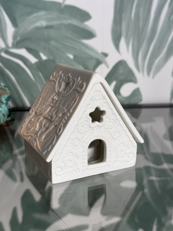 🦉 Clayre & Eef porseleinen waxinelichthouder – huisje met uil