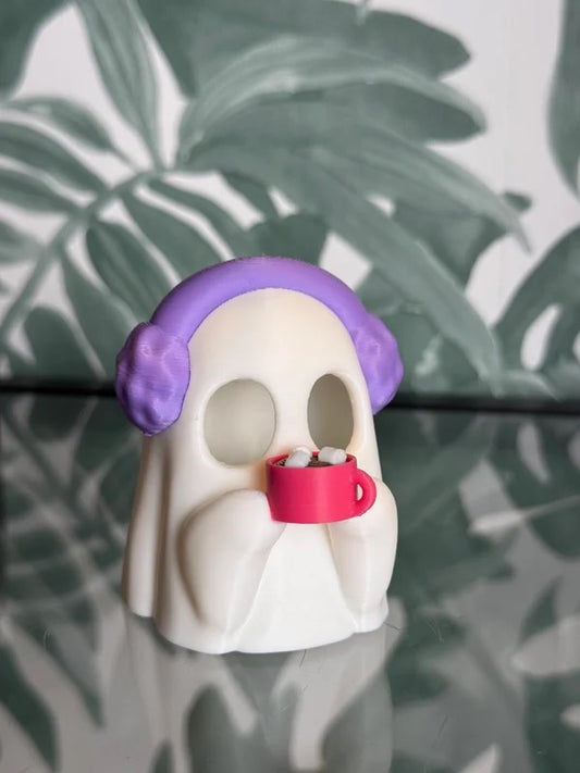 Spook met oorwarmers en choco waxinelichthouder