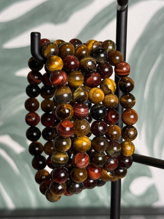 Tijgeroog armband 8 mm – driekleurig (goud, blauw & rood)