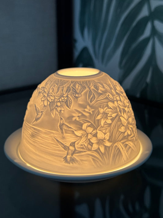 Clayre & Eef porseleinen waxinelichthouder – kolibrie & bloemen