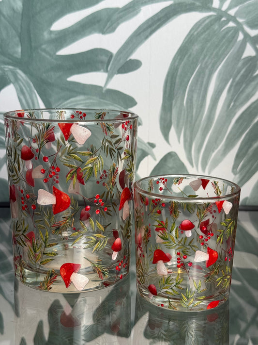 Clayre & Eef glazen waxinelichthouders – rood met paddenstoelen