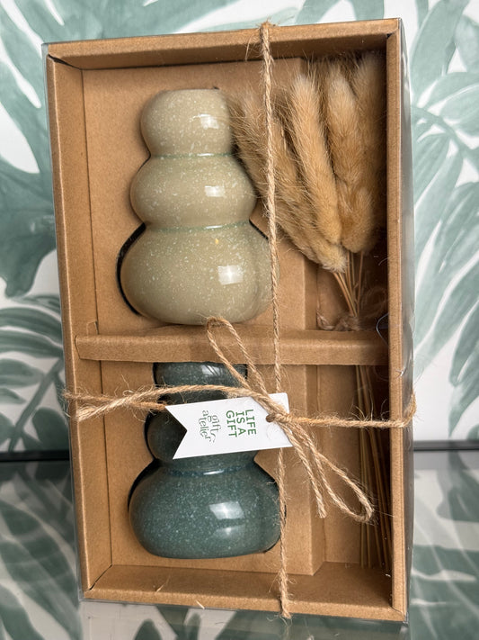 Vaasjes cadeau set – groen  met droogbloemen