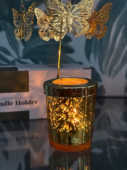 Draaiende waxinelichthouder met vlinders – keuze uit goud of zilver
