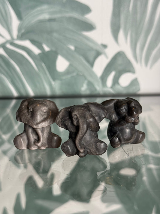 Zilver Obsidiaan Olifantjes – Horen, Zien & Zwijgen – Set van 3