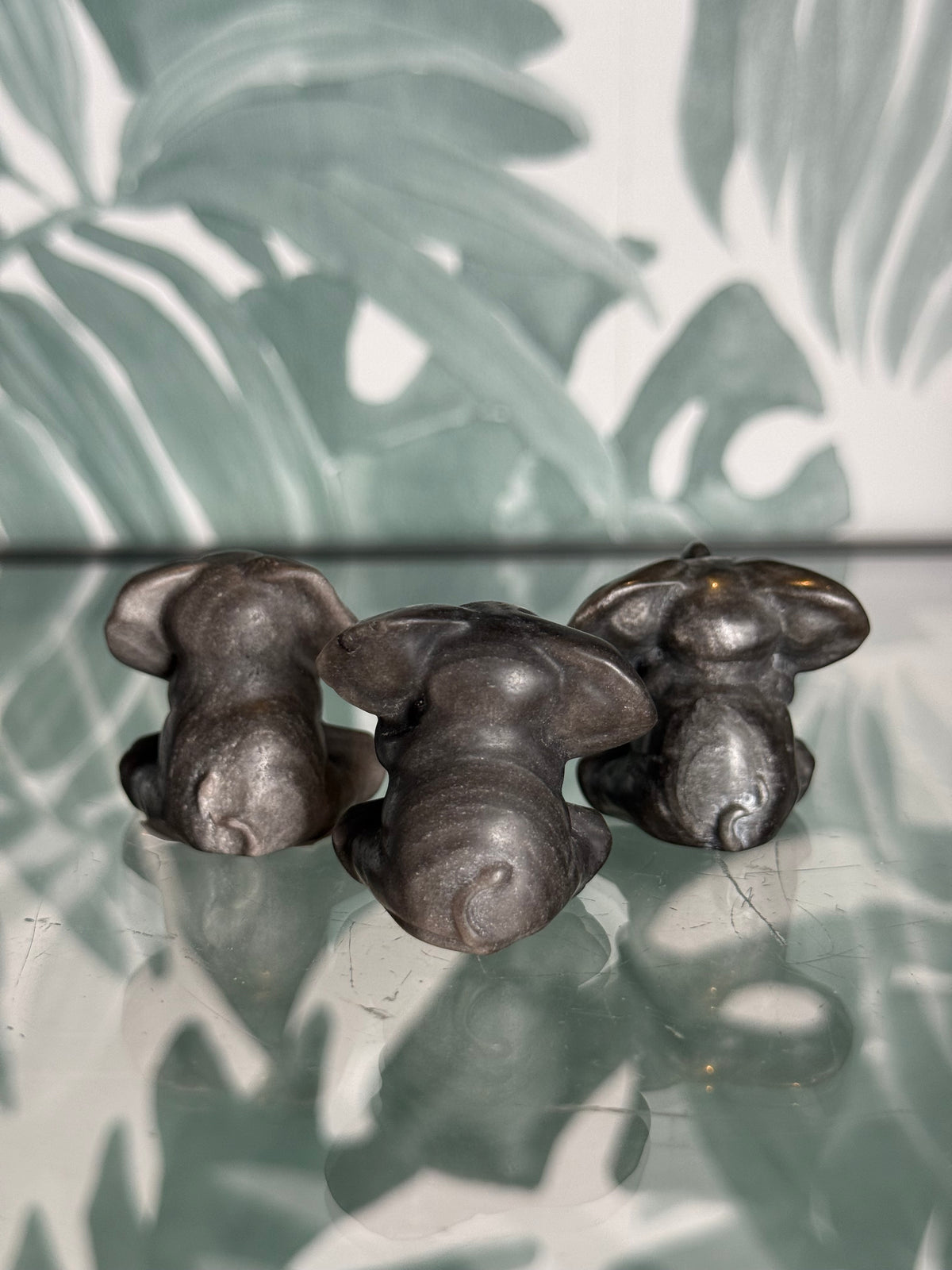 Zilver Obsidiaan Olifantjes – Horen, Zien & Zwijgen – Set van 3